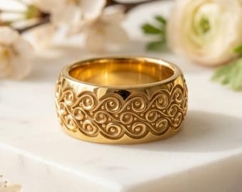 Handmade Gold Plated Sterling Silver Engraved Wedding Band – Minimalist Scroll Ring
