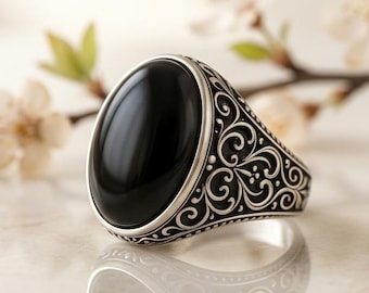 Handmade Black Onyx Oval Sterling Silver Statement Ring – Vintage Scrollwork Jewelry