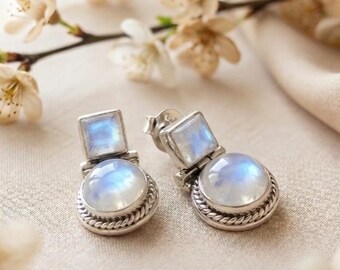 Rainbow Moonstone Stud Earrings Sterling Silver Handmade Dangle Earrings Gift For Her Wedding Jewelry