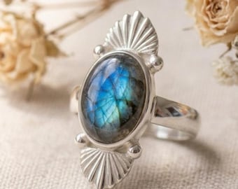 Labradorite Statement Ring Sterling Silver Handmade Boho Gemstone Vintage Jewelry Gift Women Everyday Elegance