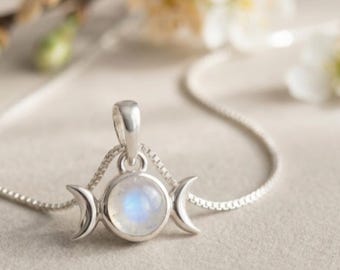 Rainbow Moonstone Triple Moon Pendant Necklace Sterling Silver Witchy Celestial Boho Gift For Women