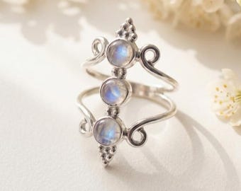 Natural Moonstone Ring 925 Sterling Silver Boho Three Stone Ring Statement Jewelry For Women