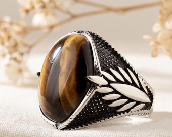 Natural Tigers Eye Men Ring 925 Sterling Silver Vintage Large Gemstone Statement Jewelry