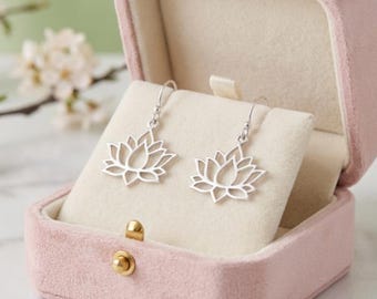 Minimalist Lotus Flower Dangle Earrings Silver Spiritual Yoga Jewelry Gift for Women Handmade Elegant