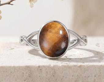 Tiger Eye Sterling Silver Statement Ring Handmade Oval Gemstone Jewelry Gift For Her Elegant