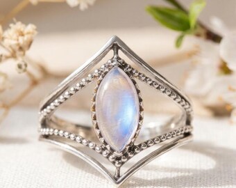 Rainbow Moonstone Statement Ring Sterling Silver Marquise Gemstone Handmade Boho Vintage Women Jewelry Gift