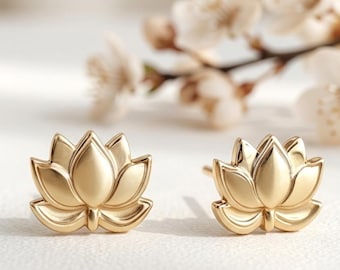 Gold Plated Sterling Silver Lotus Flower Stud Earrings – Minimalist Spiritual Jewelry