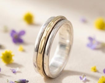 925 Silver Gold Two Tone Band Hammered Spinner Ring Minimalist Wedding Band Gift