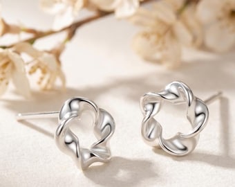 Minimalist Sterling Silver Flower Stud Earrings Handmade Modern Floral Jewelry Gift For Women Everyday