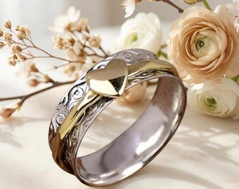 Heart Spinner Sterling Silver Gold Spinner Ring Handmade Meditation Fidget Jewelry Gift For Her
