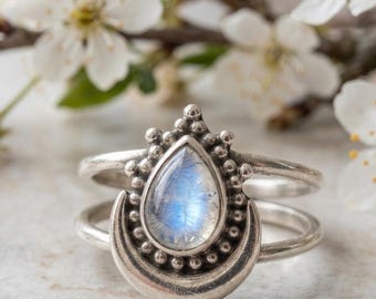 Natural Moonstone Teardrop Ring Handmade Sterling Silver Boho Statement Jewelry Gift For Women Today