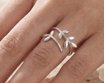 Sterling Silver Leaf Vine Ring, Adjustable Nature Inspired Botanical Jewelry