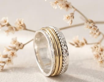 Sterling Silver Gold Spinner Ring Hammered Meditation Band Handmade Jewelry Gift For Her