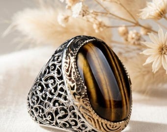 Handmade Tiger Eye Oval Sterling Silver Statement Ring – Vintage Filigree Detail