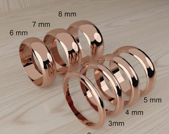 Rose Gold Wedding Band | Polished Plain Ring, 2mm-8mm Wide