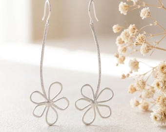 Minimalist Silver Flower Dangle Earrings Handmade Floral Drop Jewelry Gift for Women Everyday Wear