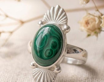 Natural Malachite Statement Ring Sterling Silver Oval Gemstone Handmade Boho Vintage Jewelry Gift Women