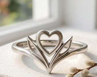Minimalist Heart Leaf Ring Sterling Silver Nature Inspired Promise Gift Adjustable Women Jewelry Handmade