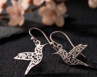Silver Hummingbird Dangle Earrings Handmade Bird Drop Jewelry Nature Lover Gift for Women Elegant