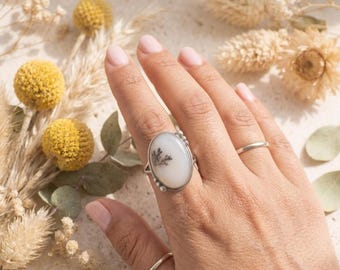 Natural Dendritic Agate Ring, 925 Sterling Silver, Oval Boho Gemstone Jewelry