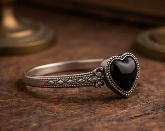 Vintage Gothic Black Heart Ring Sterling Silver Antique Victorian Style Goth Promise Jewelry Gift