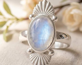 Rainbow Moonstone Statement Ring Sterling Silver Oval Gemstone Boho Handmade Vintage Gift For Women