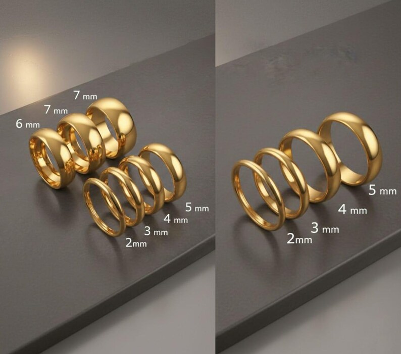 May include: A collection of gold-colored rings of varying widths, from 2 mm to 7 mm, displayed on a dark gray surface. The rings are arranged in two groups, showcasing different styles and sizes. The image highlights the different ring sizes.
