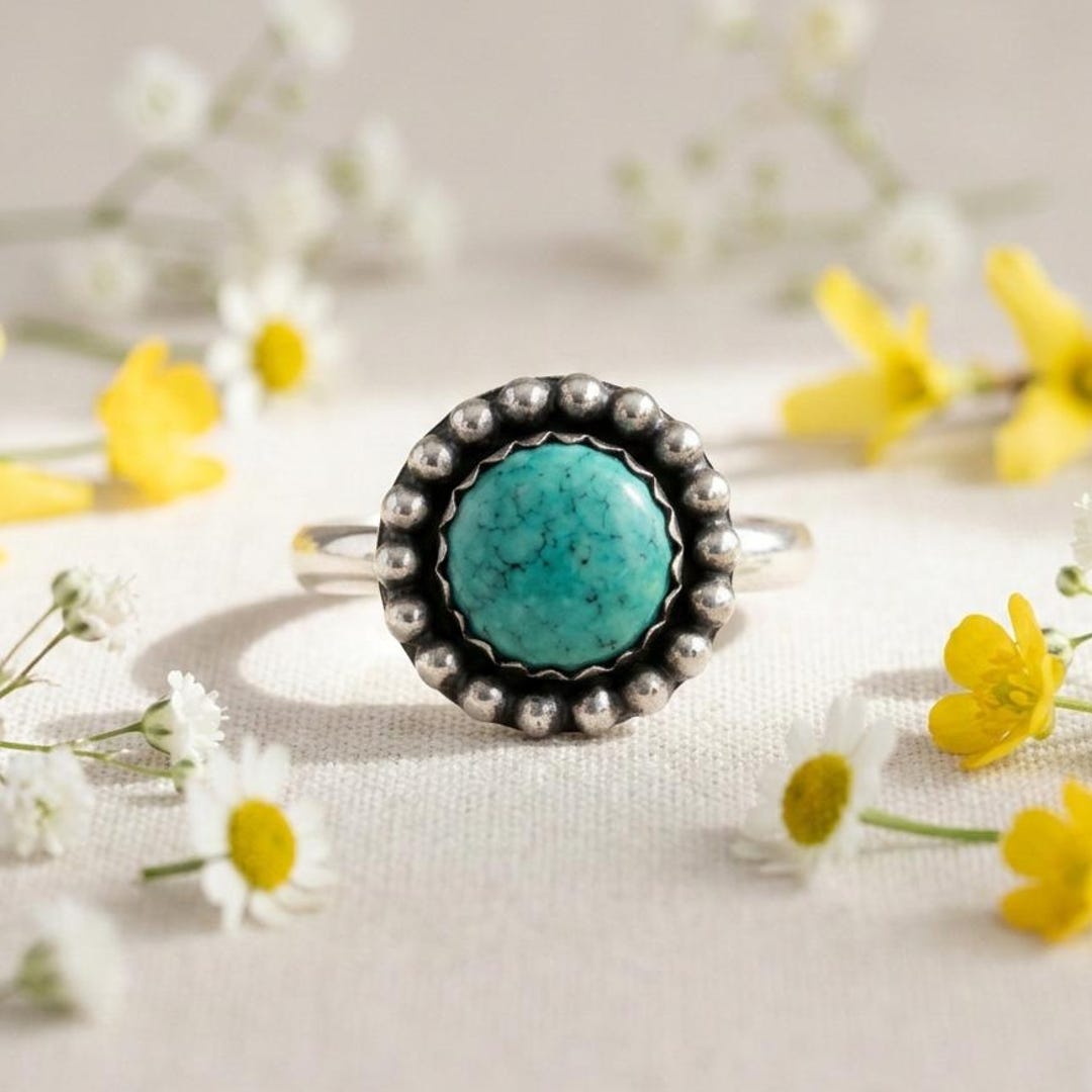 Tibetan Turquoise Ring 12 MM Sterling Silver Handmade Boho Statement ...
