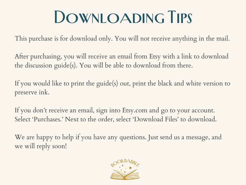 Może przedstawiać: Obraz tekstowy z instrukcjami dotyczącymi pobierania zakupu cyfrowego z Etsy. Tekst brzmi "Downloading Tips" i zawiera instrukcje dotyczące pobierania zakupu po dokonaniu zakupu, drukowania przewodnika i kontaktu ze sprzedającym w przypadku pytań.