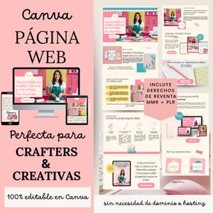 Puede incluir: Un diseño de página web de Canva rosa y blanco con el texto "Canva PÁGINA WEB" y "Perfecta para CRAFTERS & CREATIVAS." El diseño incluye una computadora, tableta y teléfono que muestran la página web. También está presente el texto "100% editable en Canva".