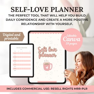 Planificador de amor propio, plantilla Canva editable, derechos de reventa MRR y PLR, diario de amor propio, producto digital, libro de trabajo de coaching, atención plena.