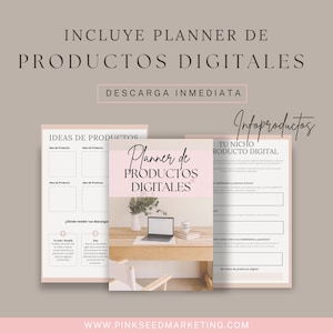 Puede incluir: Un planificador imprimible rosa y blanco con el texto "Planner de Productos Digitales" e "Infoproductos" en espa&ntilde;ol. El planificador incluye secciones para ideas, nicho y detalles del producto.