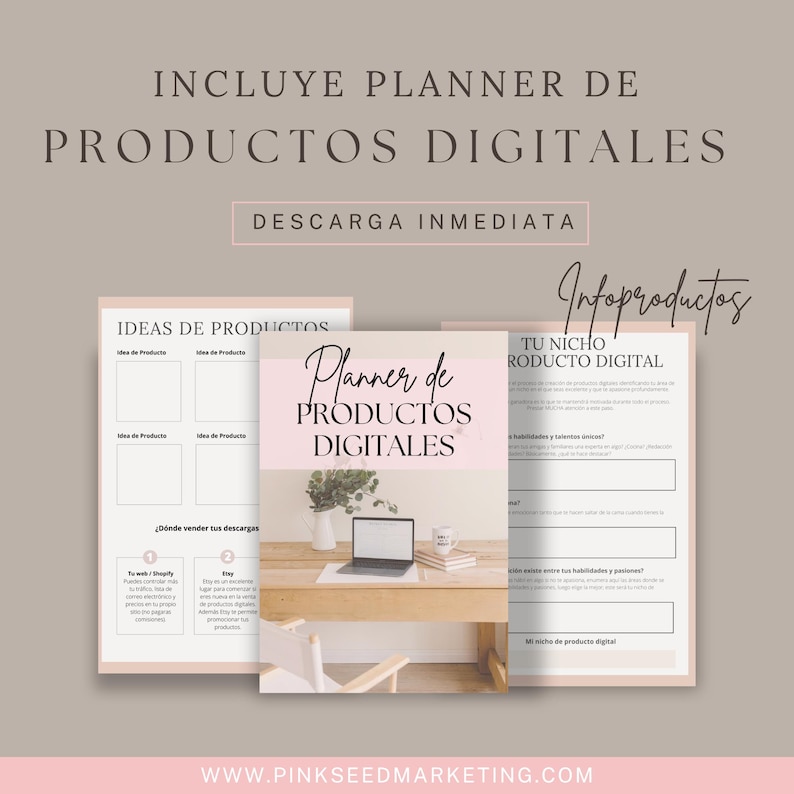 Puede incluir: Un planificador imprimible rosa y blanco con el texto "Planner de Productos Digitales" e "Infoproductos" en espa&ntilde;ol. El planificador incluye secciones para ideas, nicho y detalles del producto.
