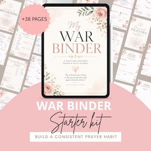 K&ouml;nnte beinhalten: Ein digitales Tablet zeigt ein Gebets- und Glaubenstagebuch mit dem Titel My War Binder, verziert mit Blumenillustrationen, einem Kreuzsymbol und dem Text Epheser 6,11. Der Bildschirm zeigt 38 Inhaltsseiten, darunter Abschnitte f&uuml;r Schriftstellen und Gebete.