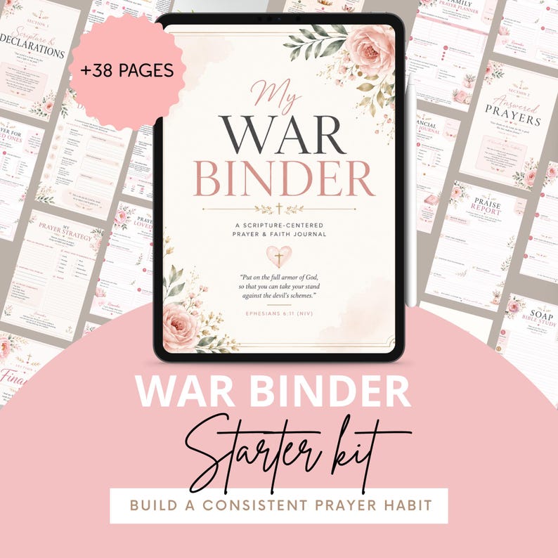 K&ouml;nnte beinhalten: Ein digitales Tablet zeigt ein Gebets- und Glaubenstagebuch mit dem Titel My War Binder, verziert mit Blumenillustrationen, einem Kreuzsymbol und dem Text Epheser 6,11. Der Bildschirm zeigt 38 Inhaltsseiten, darunter Abschnitte f&uuml;r Schriftstellen und Gebete.