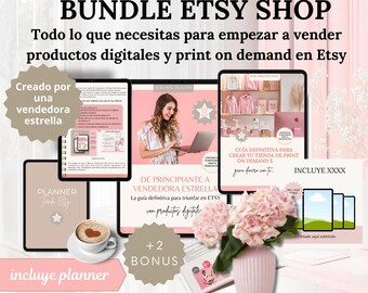 May include: A promotional image for an Etsy shop bundle. The image features a pink and white color scheme with text that reads "BUNDLE ETSY SHOP." It includes digital product guides, a planner, and a coffee cup. The text also mentions "print on demand" and "commercial use."