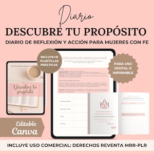 Puede incluir: Portada de diario digital rosa y blanca con el texto "Diario Descubre Tu Propósito" y "Diario de Reflexión y Acción para Mujeres con Fe". La portada también incluye el texto "Incluye +15 Plantillas Prácticas" y "Para Uso Digital o Imprimible".