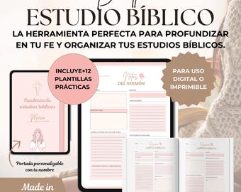 Plantillas para estudio bíblico en español; editable en Canva; notas del sermón; rastreador de lectura de la Biblia para chicas cristianas