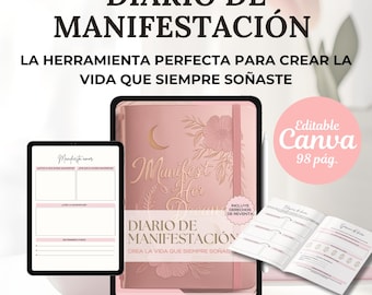 Diario de manifestación digital en español; 100% editable en Canva e imprimible. Incluye Derechos de reventa MRR/PLR. Guía de manifestación.