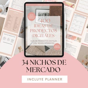 May include: A tablet displaying a digital marketing guide with the title "+400 Ideas de Productos Digitales." The image includes documents and a laptop, with the text "34 NICHOS DE MERCADO" at the bottom. The colour scheme is predominantly pink and white.