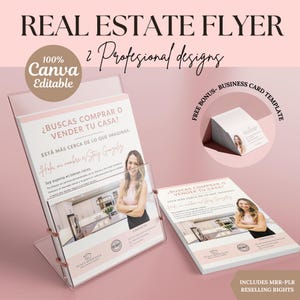 Puede incluir: Una plantilla de folleto de bienes raíces rosa y blanco con el texto "¿BUSCAS COMPRAR O VENDER TU CASA?" y "ESTÁ MÁS CERCA DE LO QUE IMAGINAS." El folleto presenta una foto de una mujer con el texto "Hola, mi nombre es Stacy Gonzalez." El folleto también incluye una plantilla de tarjeta de visita de bonificación gratuita.