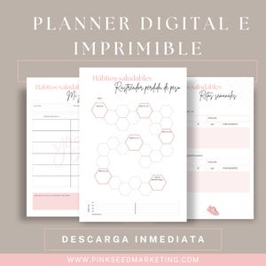 May include: A printable digital planner with pink accents. The planner includes sections for healthy habits, weight loss tracking, and weekly challenges. The text on the planner reads "Planner Digital e Imprimible" and "Descarga Inmediata".