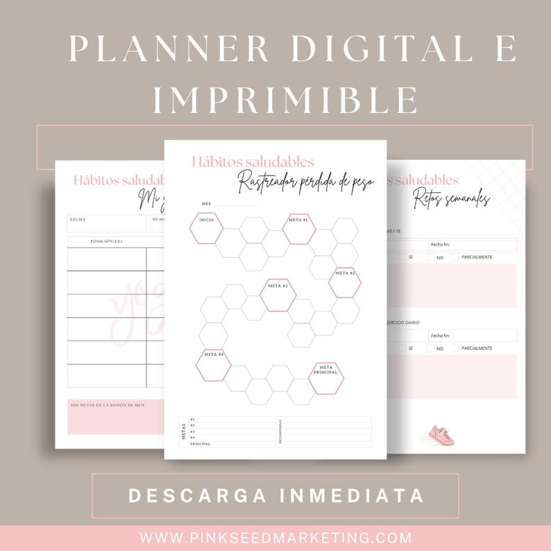 May include: A printable digital planner with pink accents. The planner includes sections for healthy habits, weight loss tracking, and weekly challenges. The text on the planner reads "Planner Digital e Imprimible" and "Descarga Inmediata".