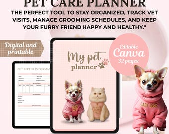 May include: A digital pet care planner with the text "My pet planner" and "Editable Canva 32 pages." The image includes illustrations of two dogs and a cat wearing pink hoodies. The text "PET CARE PLANNER" is at the top.