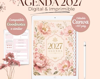 Agenda digital e imprimible 2027 en español para mujeres; plantilla editable Canva ;Derechos de reventa MRR-PLR. Compatible Ipad, Goodnotes.