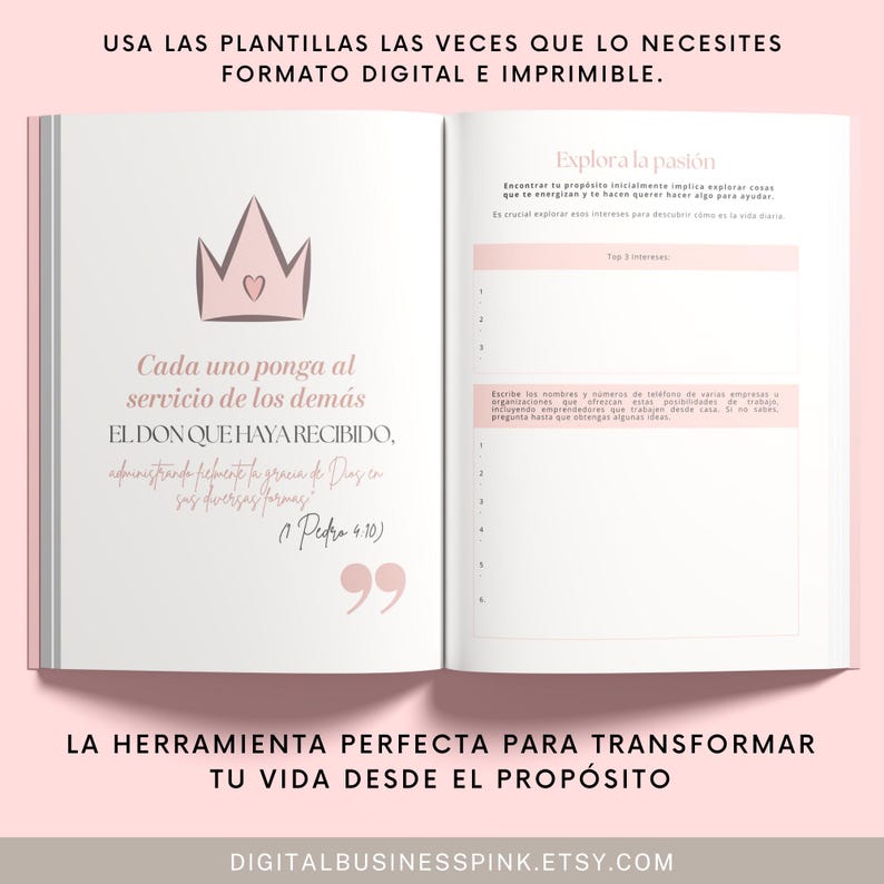 K&ouml;nnte beinhalten: Ein rosa-wei&szlig;er Planer mit dem Text "USA LAS PLANTILLAS LAS VECES QUE LO NECESITES FORMATO DIGITAL E IMPRIMIBLE." oben. Der Planer enth&auml;lt ein Zitat auf Spanisch, das lautet: "Cada uno ponga al servicio de los dem&aacute;s EL DON QUE HAYA RECIBIDO, administrando fielmente la gracia de Dios en sus diversas formas." (1 Petrus 4:10). Der Planer enth&auml;lt auch den Text "LA HERRAMIENTA PERFECTA PARA TRANSFORMAR TU VIDA DESDE EL PROP&Oacute;SITO" und die Website "DIGITALBUSINESSPINK.ETSY.COM".