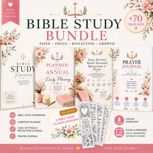 May include: A Bible study bundle featuring four digital planners and journals with floral accents. The set includes a Bible study workbook, a Christian planner, a goal setting and reflection journal, and a prayer journal, plus five printable coloring bookmarks.