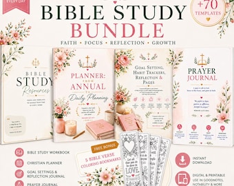 Peut inclure: Un ensemble d'étude biblique comprenant quatre planificateurs et journaux numériques ornés de motifs floraux. Le kit inclut un cahier d'étude biblique, un planificateur chrétien, un journal de réflexion et cinq marque-pages à colorier imprimables.