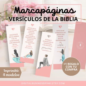Pack 4 marcapáginas cristianos con versículos de la Biblia en español; Niña literaria, plantilla imprimible. Ideal para estudios bíblicos.