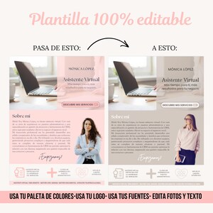 May include: A digital marketing template in pink and white, featuring Spanish text, a laptop graphic, and a woman's photo. The text includes "Asistente Virtual" and "Descubre mis servicios." The template is designed for editing.